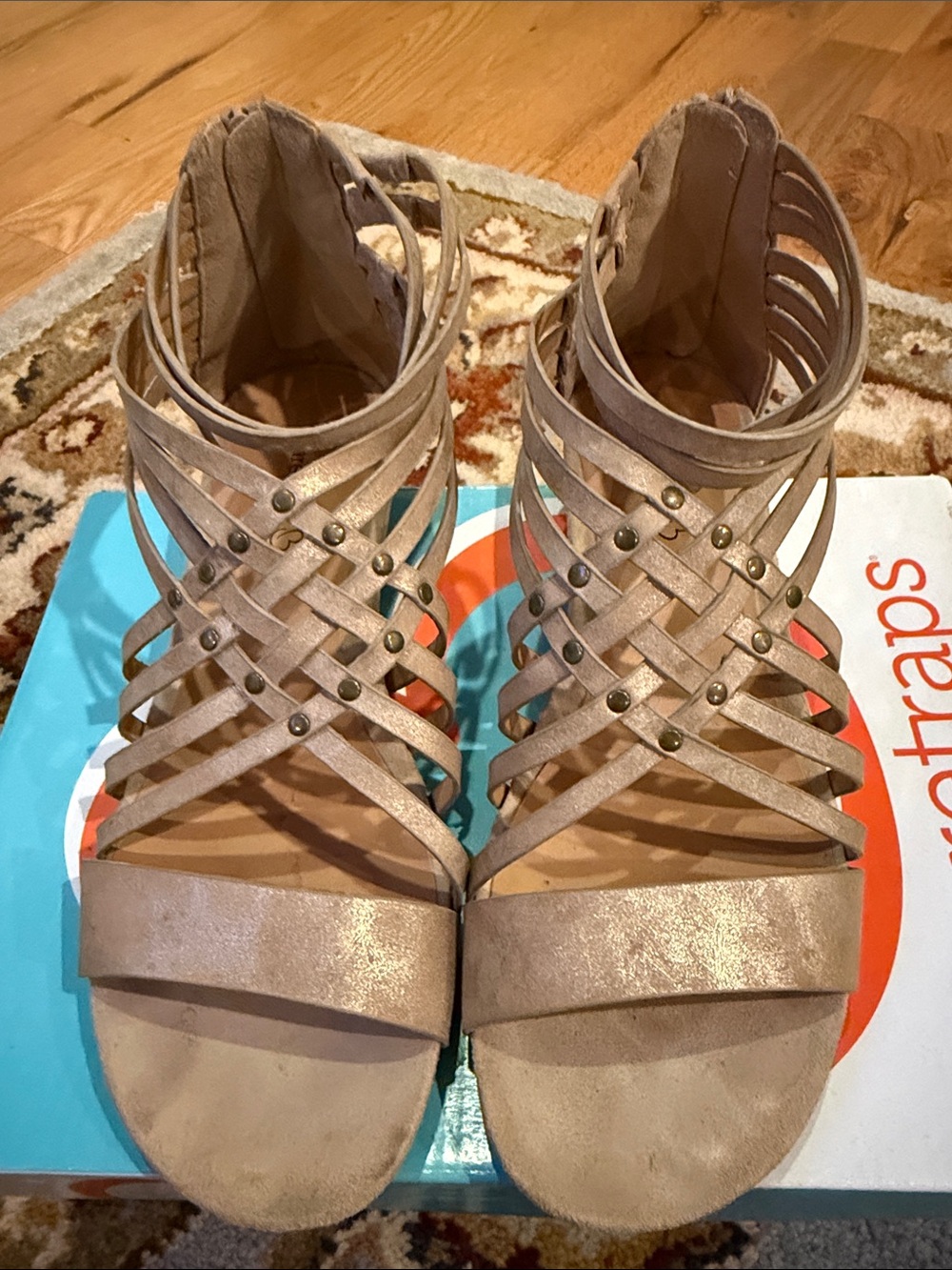 BareTraps Soft Gold Crisscross Stud Gladiator Sandals